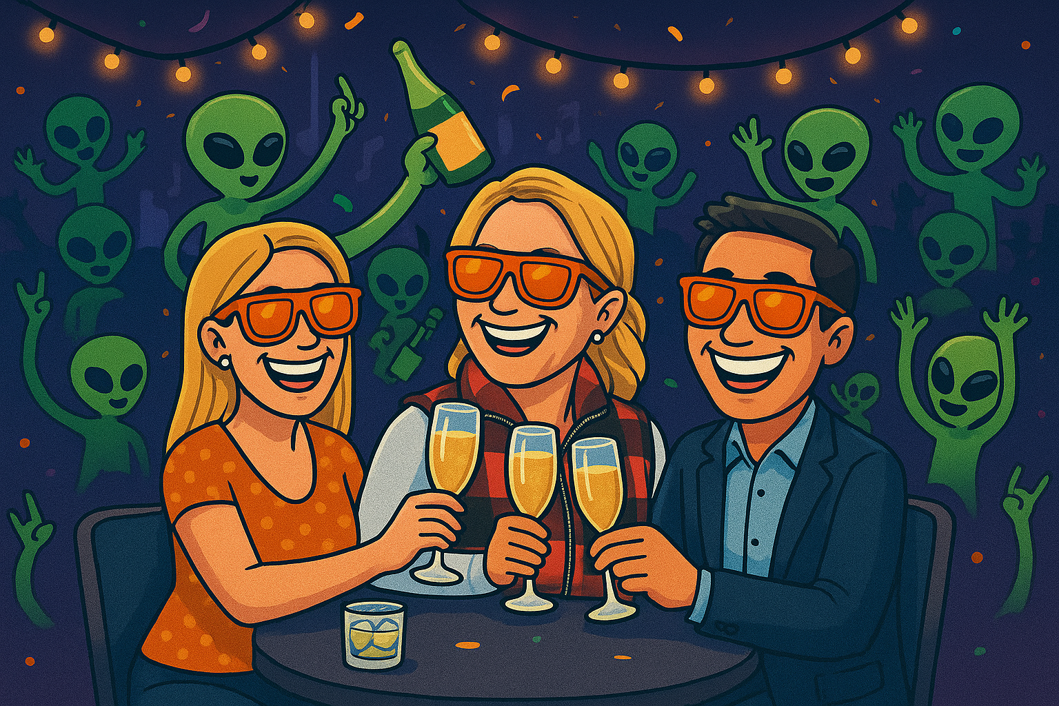 Three people toasting with champagne glasses while aliens celebrate in the background with string lights