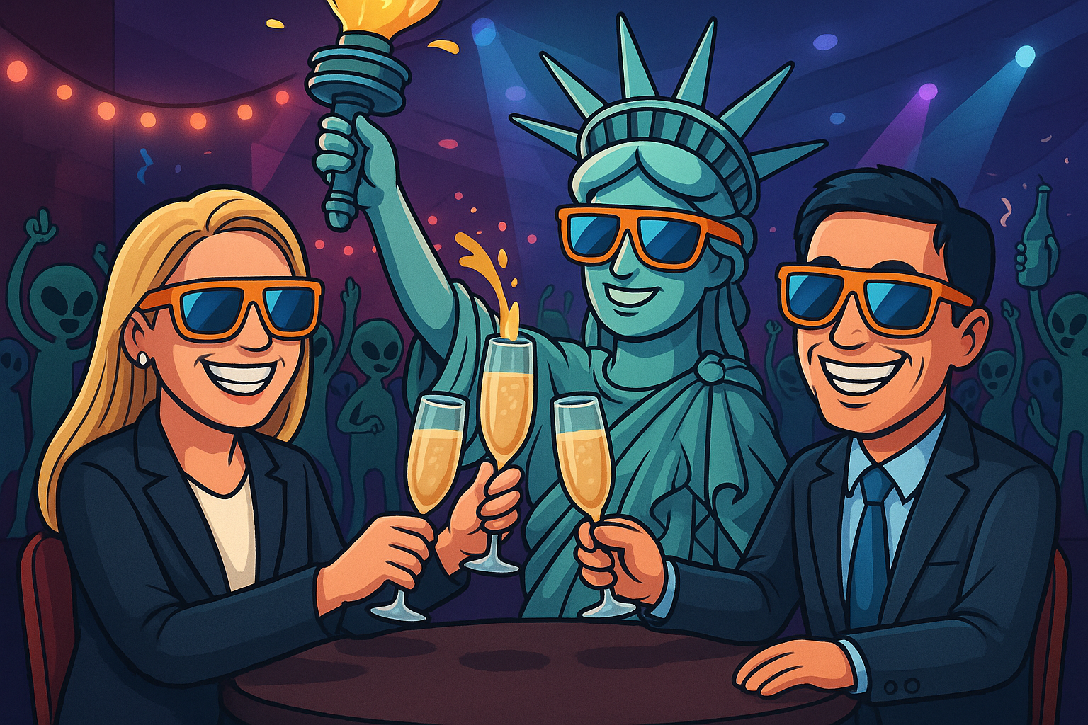 The Statue of Liberty wearing sunglasses toasts with two people while aliens celebrate in the background with patriotic lighting