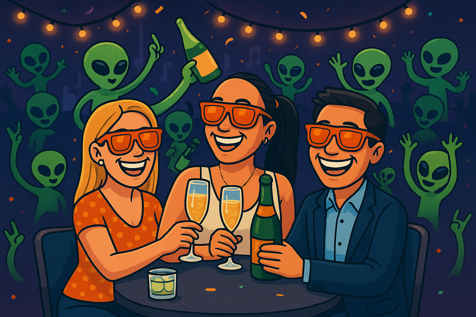 People and aliens celebrating with champagne glasses