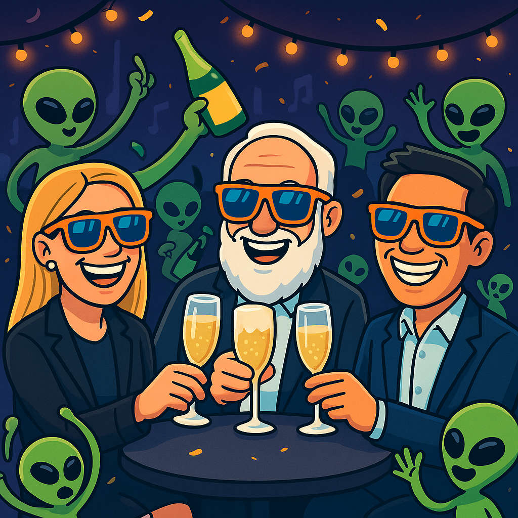 People and aliens celebrating with champagne glasses
